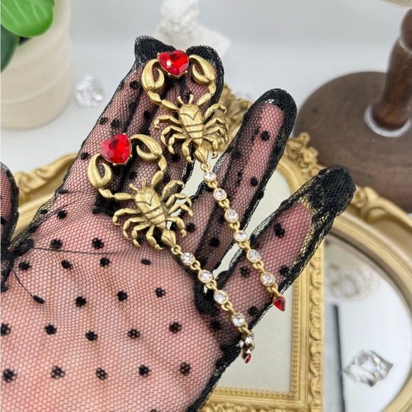 Gothic Scorpion Drop Earrings | Red Crystal Heart & Rhinestone Tail - Picture 7 of 12